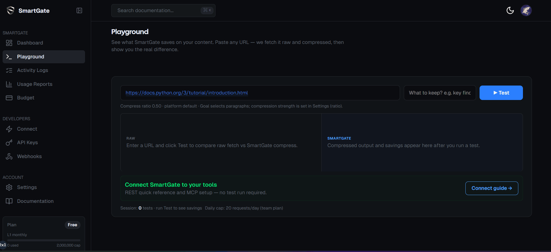 Smart Research in Playground: URL test, compression, and Markdown export